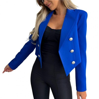 Blazer cu mânecă lungă de culoare solidă pentru femei, cu două piepte, rever, jachetă de costum scurtă, la modă, elegantă, formală, de birou, pentru doamne.