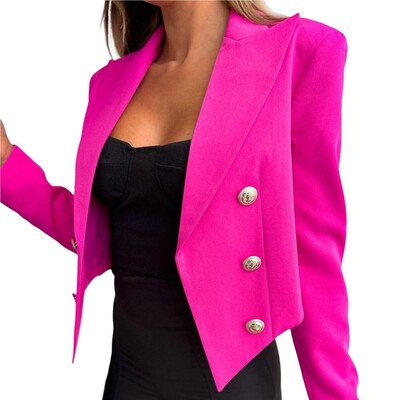 Blazer cu mânecă lungă de culoare solidă pentru femei, cu două piepte, rever, jachetă de costum scurtă, la modă, elegantă, formală, de birou, pentru doamne.