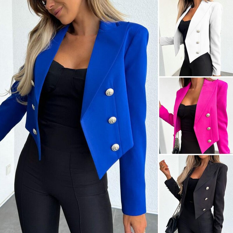 Blazer cu mânecă lungă de culoare solidă pentru femei, cu două piepte, rever, jachetă de costum scurtă, la modă, elegantă, formală, de birou, pentru doamne.