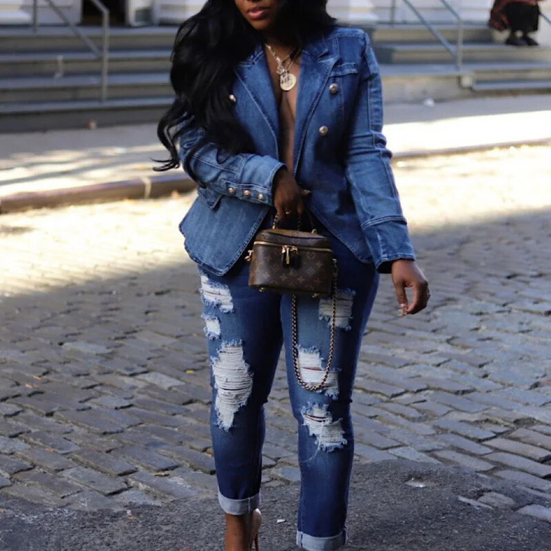 2023 ново модно дамско яке с назъбен дълъг ръкав, двуредно тънка талия, деним, дънков костюм, яке с блейзър