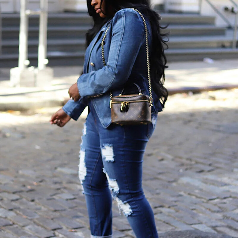 2023 ново модно дамско яке с назъбен дълъг ръкав, двуредно тънка талия, деним, дънков костюм, яке с блейзър