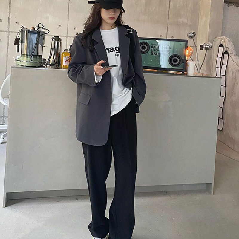 Lucyever Senior Сив блейзър за жени Корейски стил Свободен костюм с дълъг ръкав Палто Жена 2024 Пролет Ново ежедневно яке с едно копче