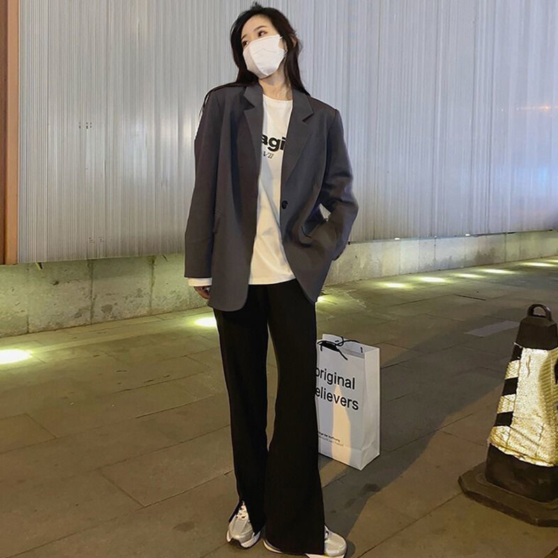 Lucyever Senior Сив блейзър за жени Корейски стил Свободен костюм с дълъг ръкав Палто Жена 2024 Пролет Ново ежедневно яке с едно копче