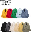 TRAF Office Femei Blazer colorat largi 2024 de vară cu mânecă lungă la două piepte pentru birou. Jachetă pentru femeie.