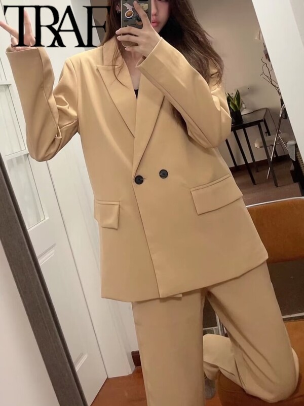 TRAF Office Femei Blazer colorat largi 2024 de vară cu mânecă lungă la două piepte pentru birou. Jachetă pentru femeie.