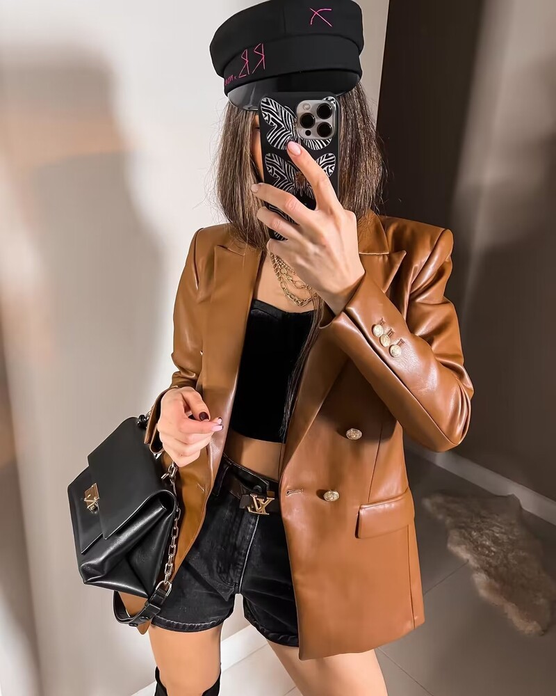 Y2K TRAF PU kožni sakoi za žene Jesen 2024. Ženski sakoi s dvorednim kopčanjem Kaputi Ženski elegantni i elegantni sakoi Nova odijela