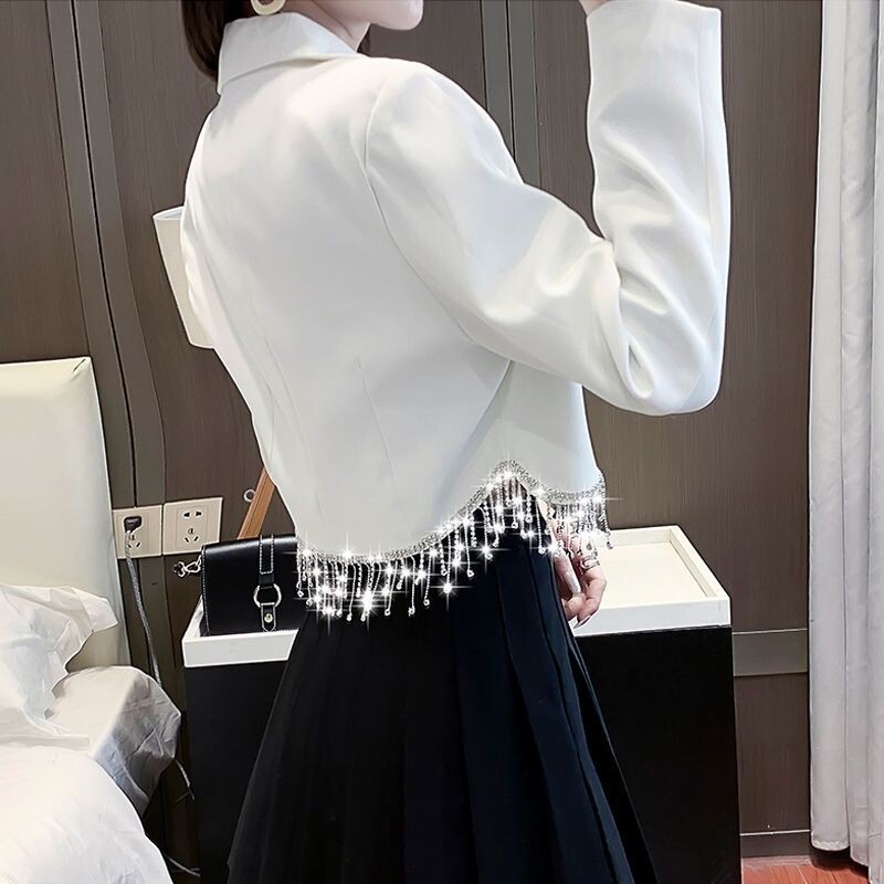 Naiste väike ülikonna bleiser tuttide ja teemantidega, lühike mantel, õhuke kõrge vöökohaga vabaajajope, suvine