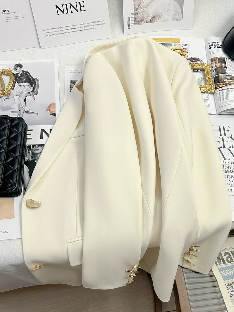 Blazer alb, roz piersic, damă, primăvară 2024, nou mic, high-end, stil zeiță, ocazional, elegant, costum mic, de înaltă calitate, la modă