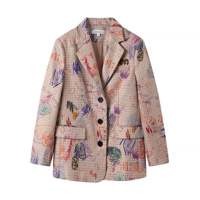 Graffiti καρό κοστούμι 2024 Νέο παλτό Γυναικεία Ρούχα , Ανοιξιάτικα φθινοπωρινά σακάκια ώμου φαρδιά casual σακάκια κοστούμι blazer