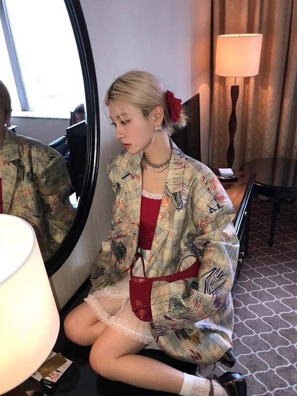 Graffiti καρό κοστούμι 2024 Νέο παλτό Γυναικεία Ρούχα , Ανοιξιάτικα φθινοπωρινά σακάκια ώμου φαρδιά casual σακάκια κοστούμι blazer