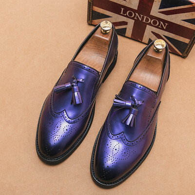 HKDQ Elegant Tassels Patent ανδρικά παπούτσια Γνήσια casual slip-on ανδρικά loafers Fashion Purple Brogue φόρεμα παπούτσια για άνδρες