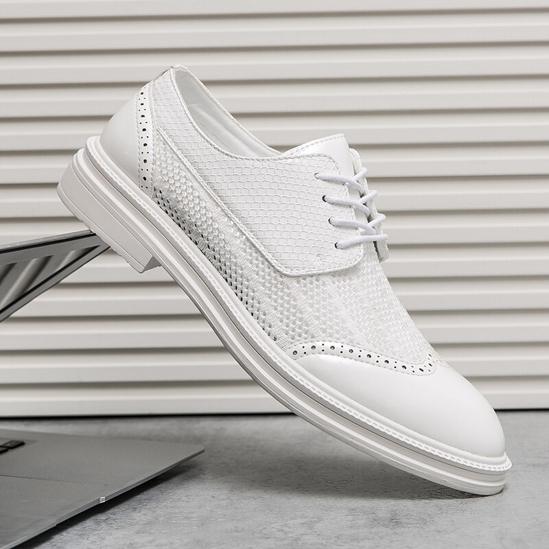 Mood Derby Nahast meeste kingad Suvised hingavad võrkjalatsid, valge Brogue pitsitud Soliidsed kleitjalatsid Äripidu Pulmakingad Meeste