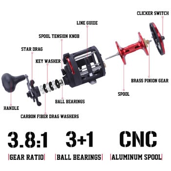 Sougayilang Καρούλια αλιείας αλμυρού νερού 3+1 bb Casting Sea Fishing Roel Gear Ratio 3,8:1 Trolling Reel Round Baitcasting Roel