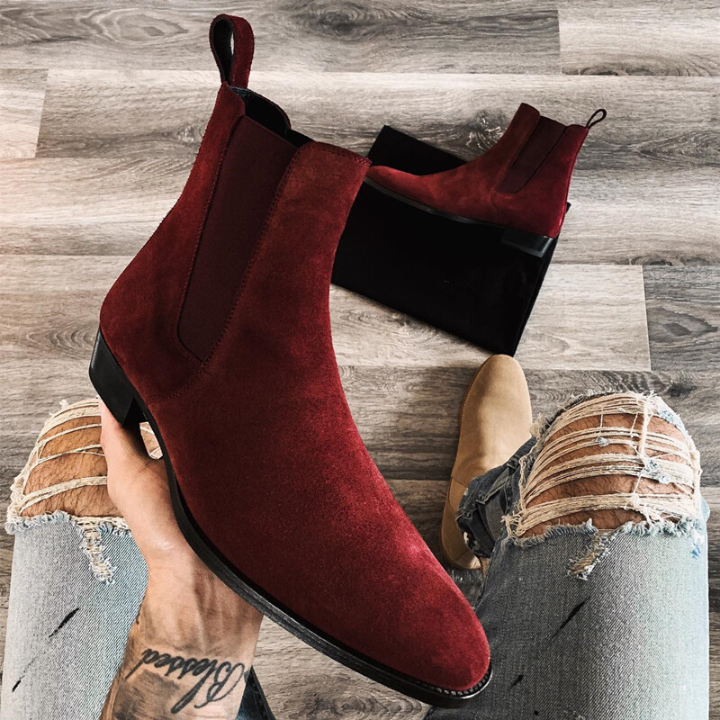 Novo u vinsko crvenoj boji muške Chelsea čizme Flock poslovne čizme s okruglim vrhom za muškarce s niskim petama Muške čizme Bottes Pour Hommes Slip on