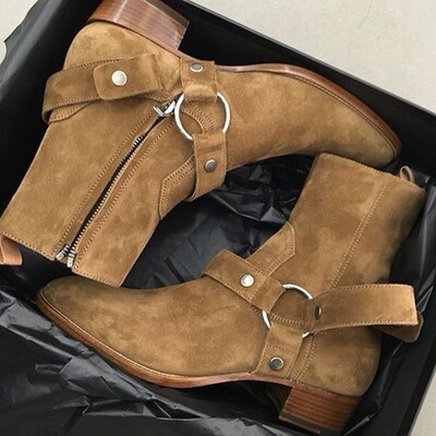 Nou Pantofi din piele intoarsa maro/neagra Lanturi Harness Catarama Cizme barbati Cizme cu toc stivuit Cizme Anke cu fermoar lateral Cizme moda barbati Pantofi