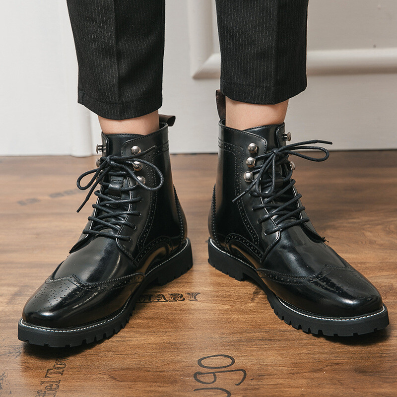 Klassikalised ärimeeste Brogue saapad Briti stiilis kõrge ülaosaga sinine kleit kingad Meeste terava otsaga nahast poolsaapad meestele, suur suurus 48