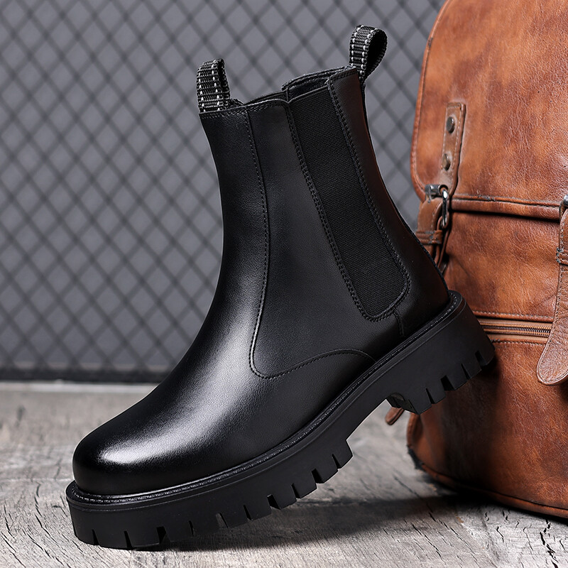 Brändi klassikalised mustad kõrged saapad Meeste kõrge kontsaga ehtsast nahast pahkluu Chelsea saapad meeste Briti stiilis paksu tallaga kesksaapad