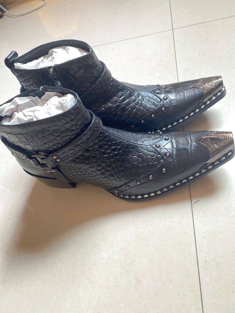 Fotografii reale cizme rochii militare italiene lucrate manual, piele de vacă neagră, oțel, vârf ascuțit, tocuri înalte, cizme de cowboy pantofi bărbat