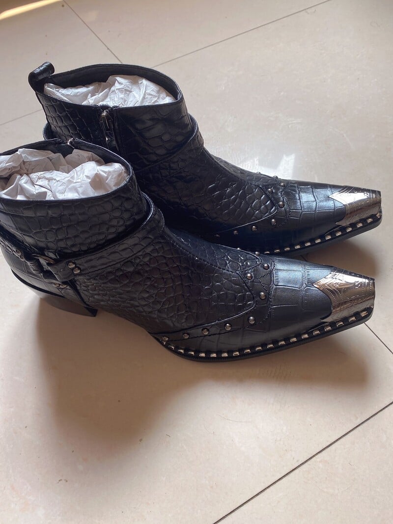 Fotografii reale cizme rochii militare italiene lucrate manual, piele de vacă neagră, oțel, vârf ascuțit, tocuri înalte, cizme de cowboy pantofi bărbat