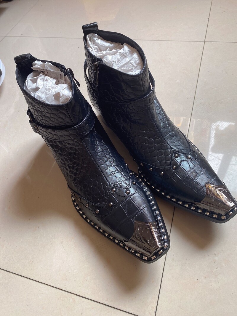 Fotografii reale cizme rochii militare italiene lucrate manual, piele de vacă neagră, oțel, vârf ascuțit, tocuri înalte, cizme de cowboy pantofi bărbat