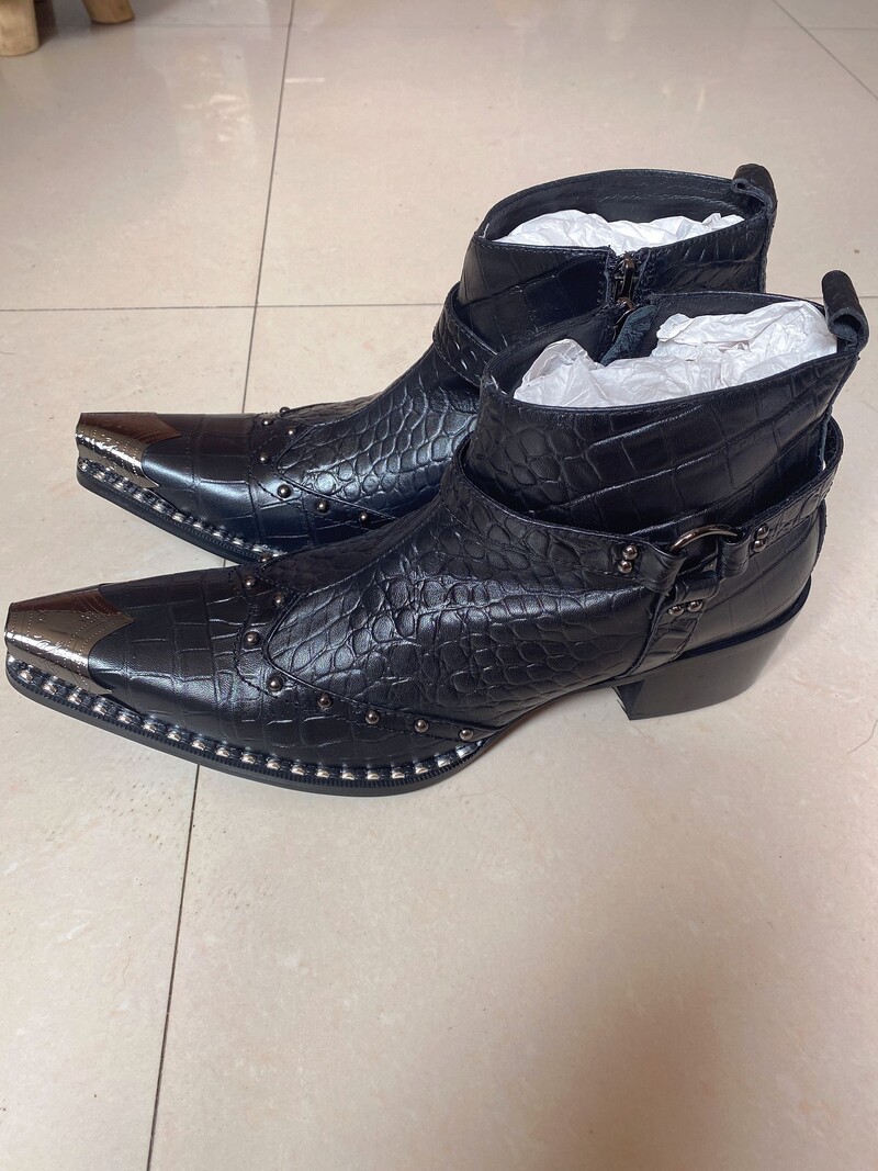 Fotografii reale cizme rochii militare italiene lucrate manual, piele de vacă neagră, oțel, vârf ascuțit, tocuri înalte, cizme de cowboy pantofi bărbat