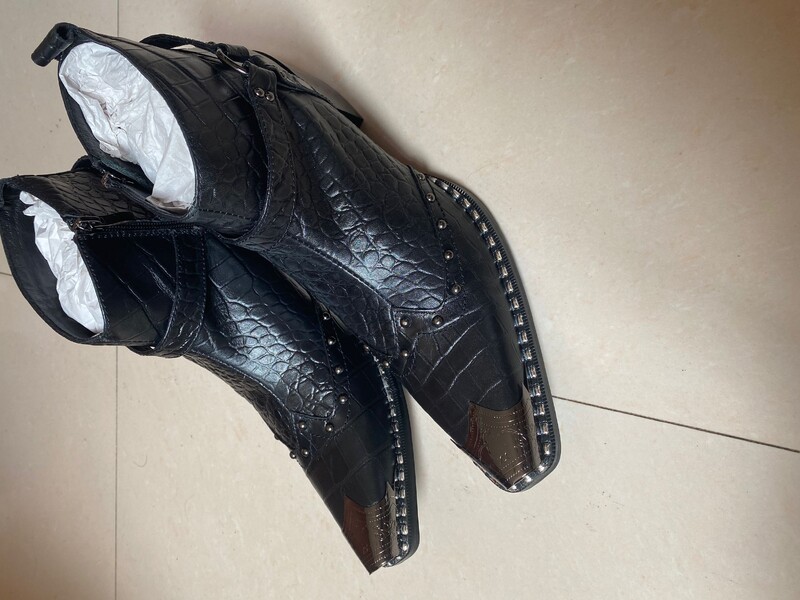 Fotografii reale cizme rochii militare italiene lucrate manual, piele de vacă neagră, oțel, vârf ascuțit, tocuri înalte, cizme de cowboy pantofi bărbat