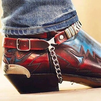 Χοντρό τακούνι Western Cowboy Ανδρικές Μπότες Color Block Πόρπη Biker Botines Κεντημένη αλυσίδα Μεγάλο Μυτερό Δάχτυλο Mid-Calf Botas