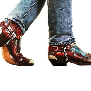 Χοντρό τακούνι Western Cowboy Ανδρικές Μπότες Color Block Πόρπη Biker Botines Κεντημένη αλυσίδα Μεγάλο Μυτερό Δάχτυλο Mid-Calf Botas