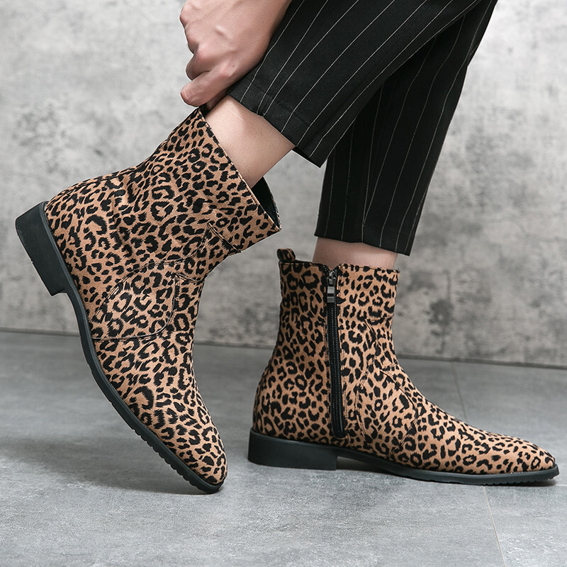 Zimske tople Leopard Chelsea čizme za muškarce, šiljati patentni zatvarač, muške modne čizme, udobne kožne gležnjače, muške, velika veličina 48