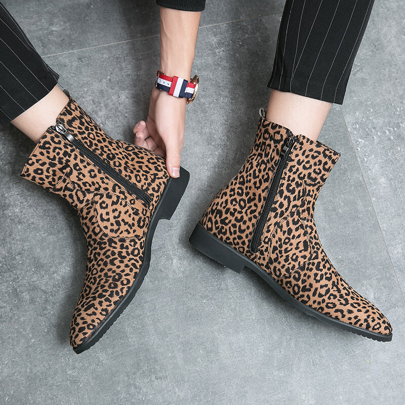 Zimske tople Leopard Chelsea čizme za muškarce, šiljati patentni zatvarač, muške modne čizme, udobne kožne gležnjače, muške, velika veličina 48