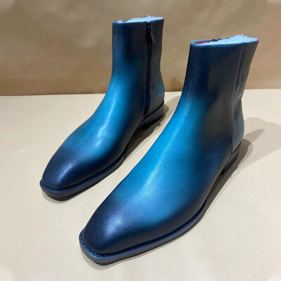 Sinised poleeritud meeste Chelsea poolsaapad, väikese kandilise ninaga vintage tõmblukk vabaaja Briti stiilis käsitsi valmistatud kontorijalatsid Meeste saapad