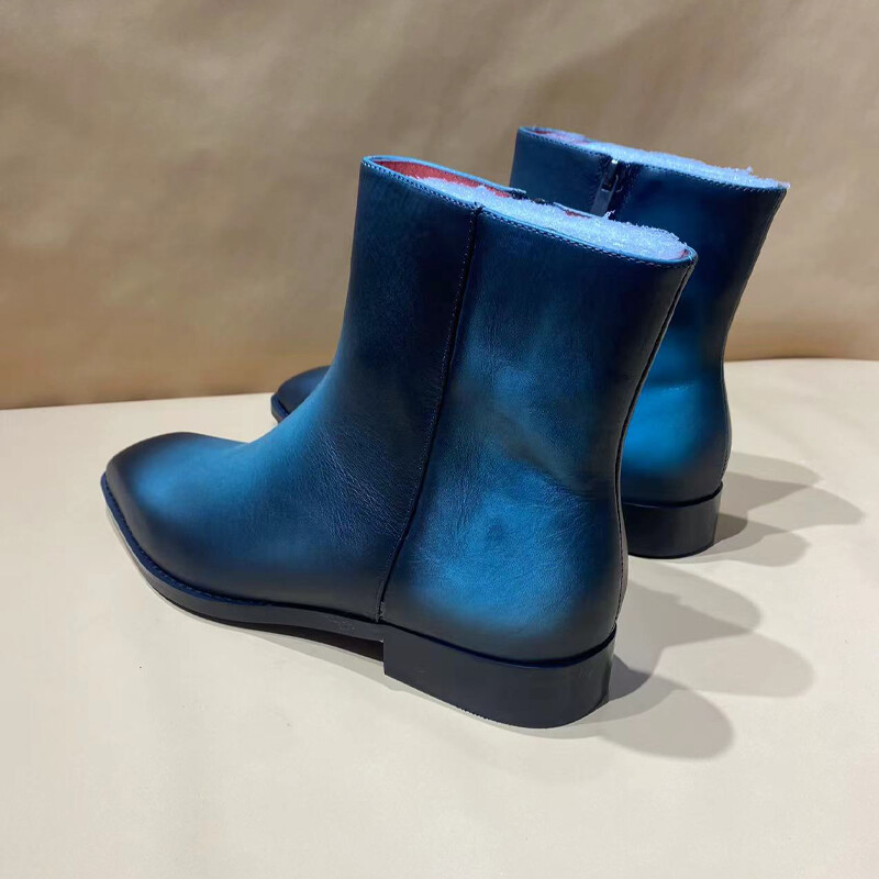 Sinised poleeritud meeste Chelsea poolsaapad, väikese kandilise ninaga vintage tõmblukk vabaaja Briti stiilis käsitsi valmistatud kontorijalatsid Meeste saapad