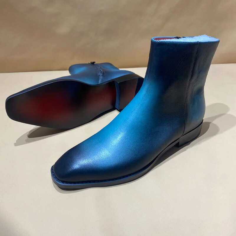 Sinised poleeritud meeste Chelsea poolsaapad, väikese kandilise ninaga vintage tõmblukk vabaaja Briti stiilis käsitsi valmistatud kontorijalatsid Meeste saapad