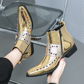 Botine noi pentru bărbați, ascuțite, aurii, cu nituri negru, Chelsea, cu curele de călugăr, de designer britanic, tendințe, pantofi punk rock