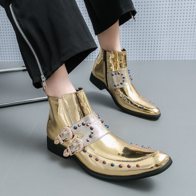 Botine noi pentru bărbați, ascuțite, aurii, cu nituri negru, Chelsea, cu curele de călugăr, de designer britanic, tendințe, pantofi punk rock