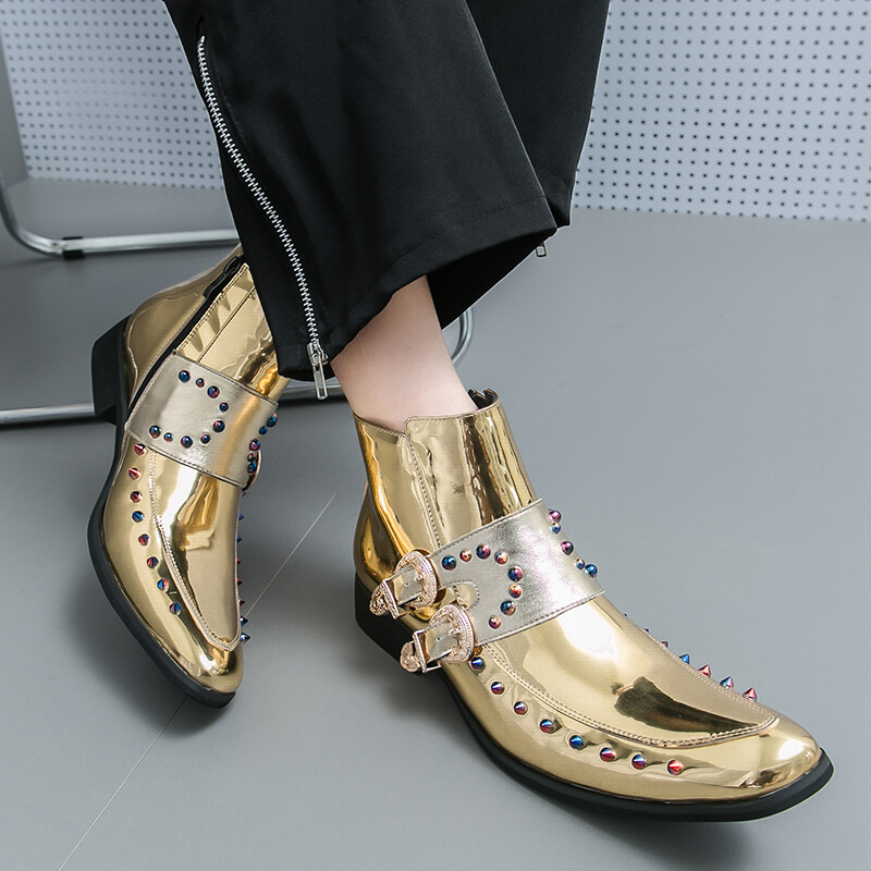 Botine noi pentru bărbați, ascuțite, aurii, cu nituri negru, Chelsea, cu curele de călugăr, de designer britanic, tendințe, pantofi punk rock