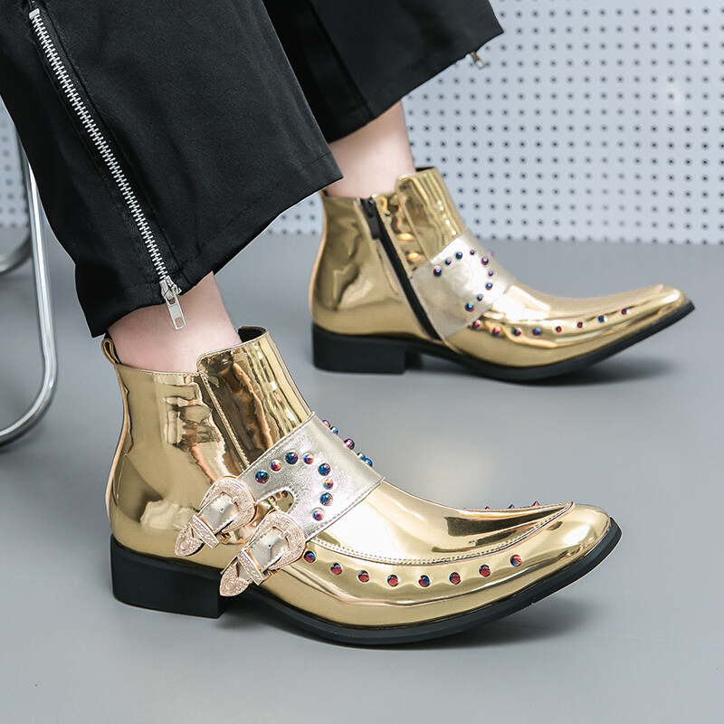 Botine noi pentru bărbați, ascuțite, aurii, cu nituri negru, Chelsea, cu curele de călugăr, de designer britanic, tendințe, pantofi punk rock