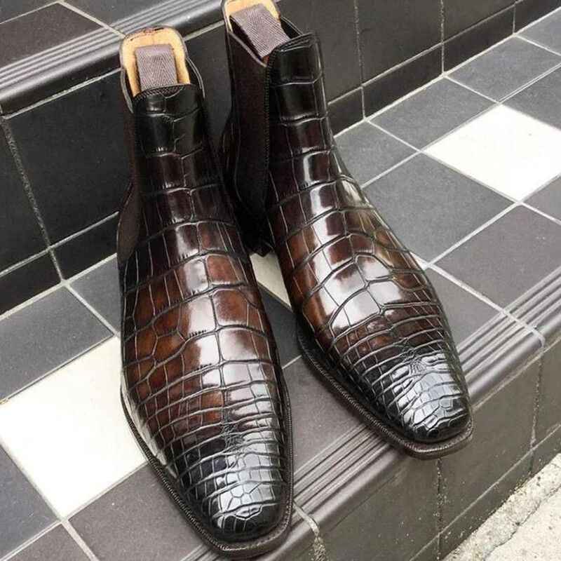 Uued pruunid Chelsea meeste saapad, mustad ärilised terava ninaga, krokodillimustriga käsitsi valmistatud meeste lühikesed saapad 