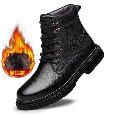 Bărbați de iarnă Cizme calde din piele de pluș Cizme casual de modă Pantofi din piele naturală Talpă confortabilă și durabilă Cizme de exterior pentru bărbați din piele de vacă