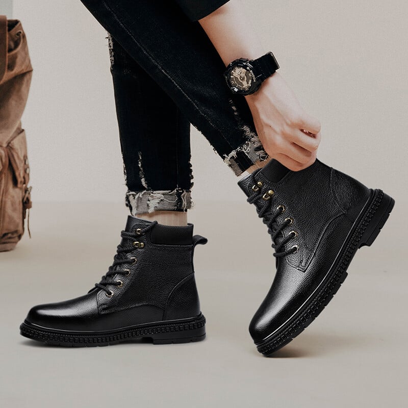 Bărbați de iarnă Cizme calde din piele de pluș Cizme casual de modă Pantofi din piele naturală Talpă confortabilă și durabilă Cizme de exterior pentru bărbați din piele de vacă