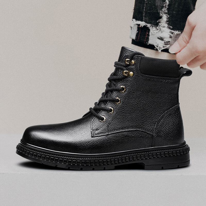 Bărbați de iarnă Cizme calde din piele de pluș Cizme casual de modă Pantofi din piele naturală Talpă confortabilă și durabilă Cizme de exterior pentru bărbați din piele de vacă