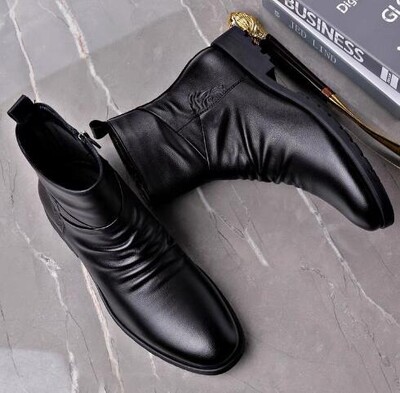 Bărbați noi, neagră, piele naturală, cu vârf rotund, cu fermoar lateral, cizme clasice înalte, cizme de afaceri pentru bărbați, cizme scurte, pantofi