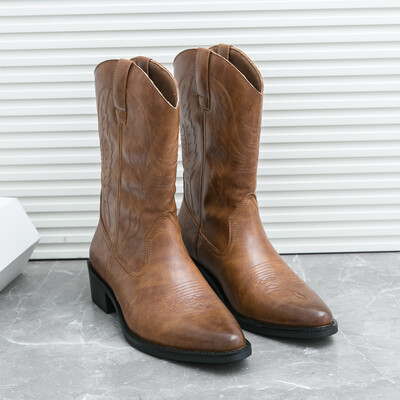 Man Knight μπότες Ankle Shoes Vintage casual κοντά ρετρό slip σε δερμάτινες μπότες με μέση γάμπα