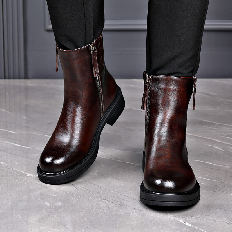Villased ehtsast nahast Chelsea saapad meeste kõrge lõikega Briti stiilis lühikesed saapad tõmblukuga Suurendatud paksusega Martini saapad