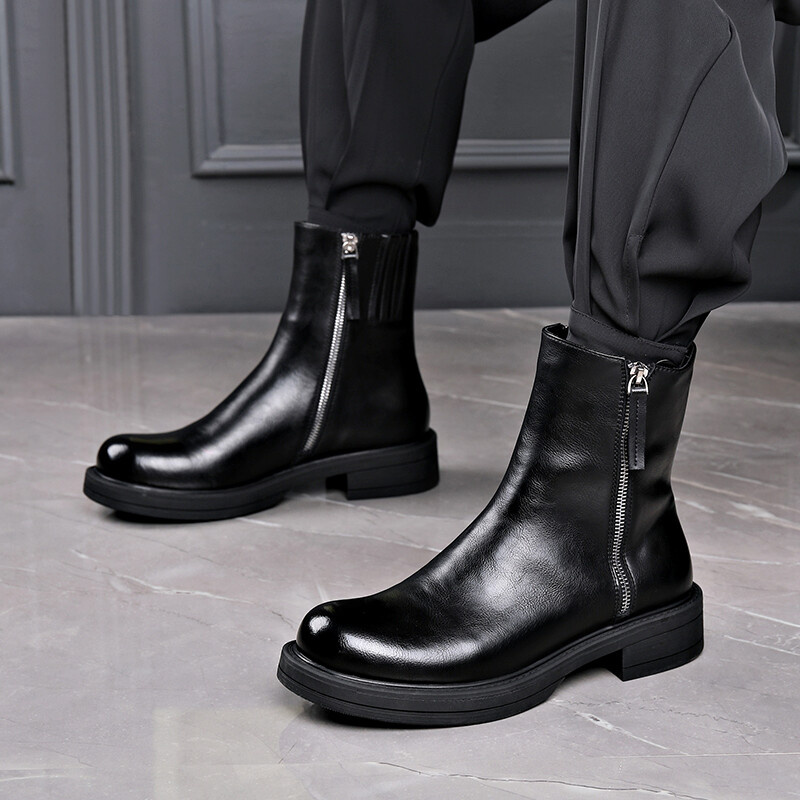 Villased ehtsast nahast Chelsea saapad meeste kõrge lõikega Briti stiilis lühikesed saapad tõmblukuga Suurendatud paksusega Martini saapad