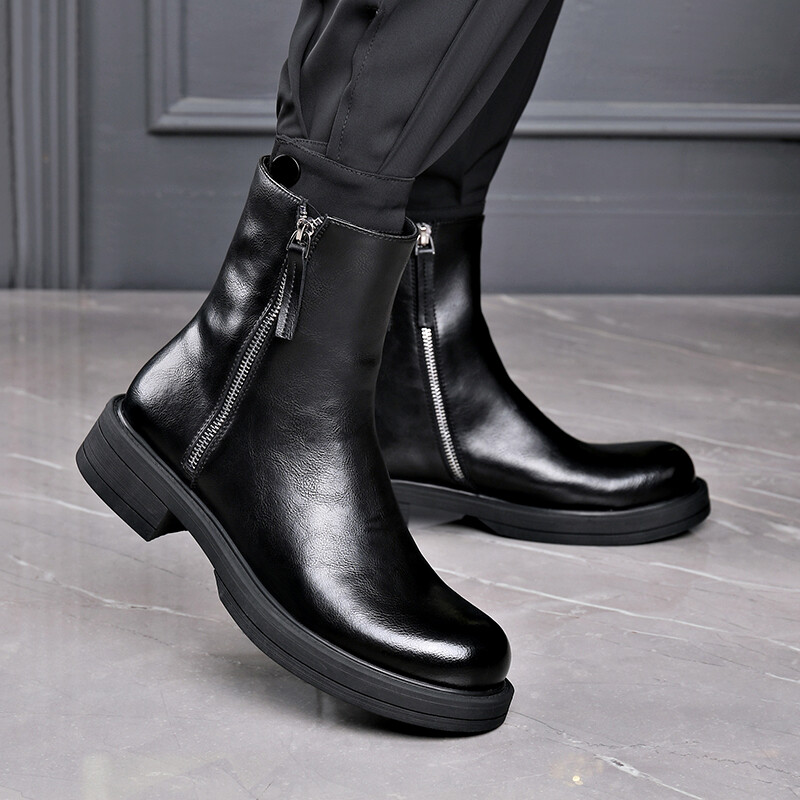 Villased ehtsast nahast Chelsea saapad meeste kõrge lõikega Briti stiilis lühikesed saapad tõmblukuga Suurendatud paksusega Martini saapad