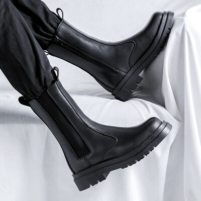 bărbați moda de lux cizme cu coș de fum înalte tendință neagră pantofi din piele originali cizme de motocicletă cu platformă bote chelsea lungi frumoase