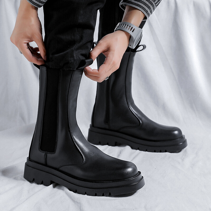 bărbați moda de lux cizme cu coș de fum înalte tendință neagră pantofi din piele originali cizme de motocicletă cu platformă bote chelsea lungi frumoase