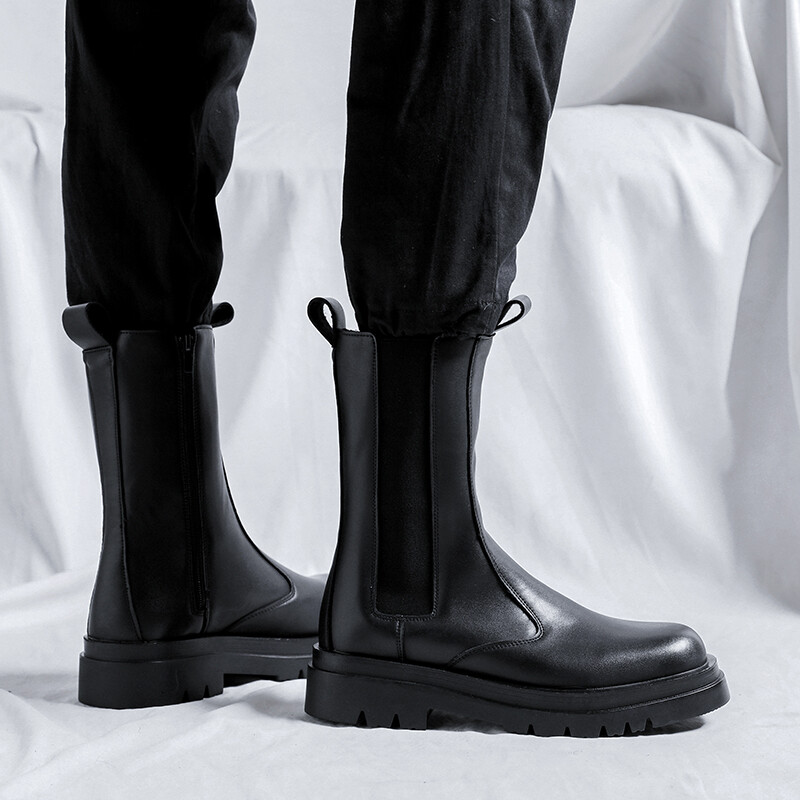 bărbați moda de lux cizme cu coș de fum înalte tendință neagră pantofi din piele originali cizme de motocicletă cu platformă bote chelsea lungi frumoase
