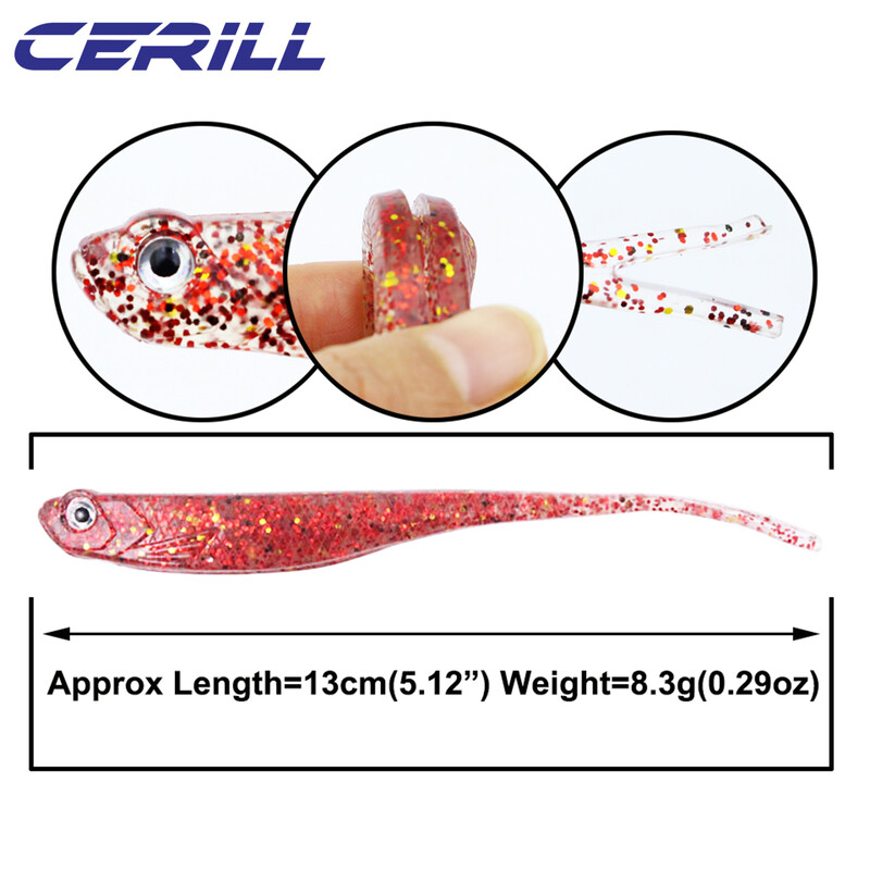 Cerill 5 bucăți 13 cm Shiner 3D Eyes Moale de pescuit Nalucă de pescuit Coada de furcă Momeală de vierme artificială Momeală strălucitoare Jig Wobbler Silicon Swimbait Pike